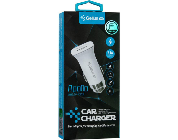 Автомобильное зарядное устройство Gelius Pro Apollo (GP-CC01, 2USB, 3.1A) с кабелем iPhone X White