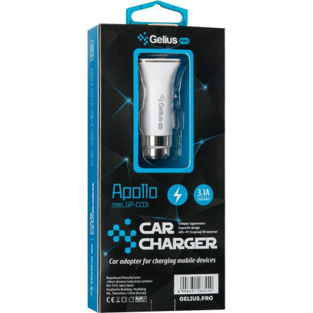 Автомобильное зарядное устройство Gelius Pro Apollo GP-CC01, 2USB, 3.1A с кабелем MicroUSB White