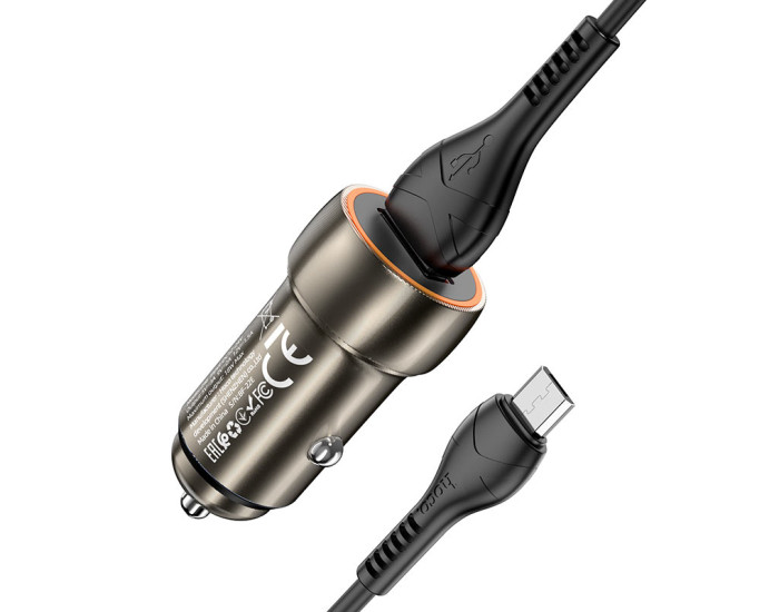 Автомобильное зарядное устройство Hoco Blue shield (Z46A)(1USB/18W/QC3.0) с кабелем Micro Metal Gray