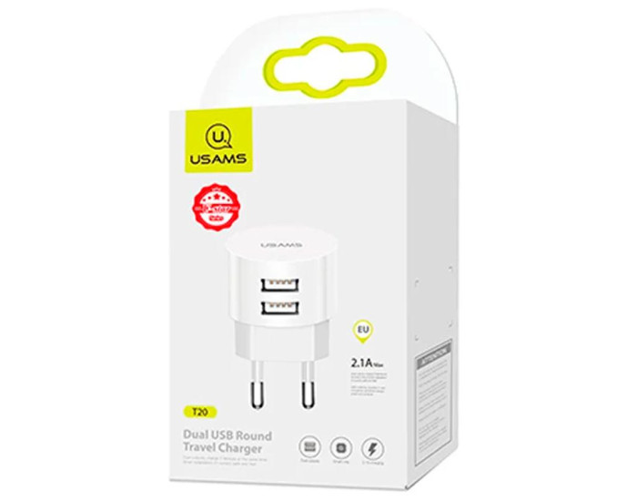 Сетевое зарядное устройство Usams T20 (2.1A) + USB Cable Lightning (Белый / White)