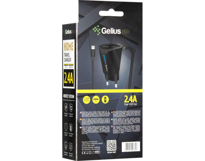 Мережеве зарядний пристрій Gelius Pro Edition Auto ID 2USB з кабелем Type-C 2.4A (Чорний  Black)