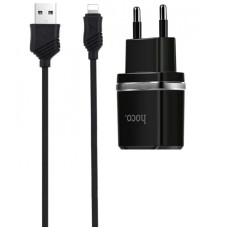 Сетевое зарядное устройство Hoco C77A (2USB,2.4A) с кабелем Lightning  (Черный \ Black)