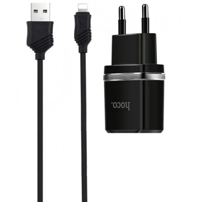 Мережеве зарядний пристрій Hoco C77A (2USB,2.4A) з кабелем Lightning (Чорний \ Black)