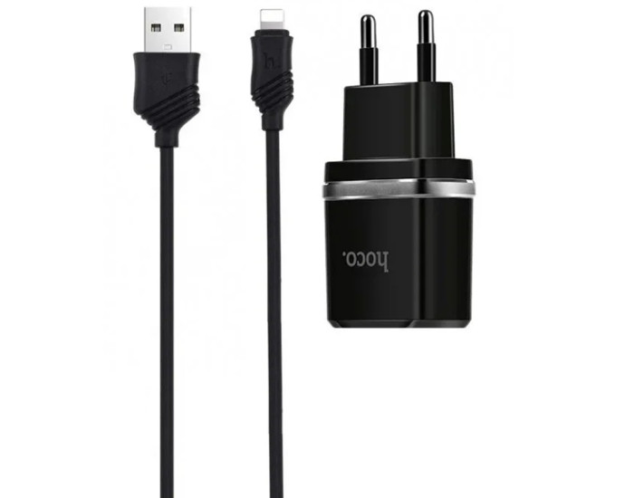 Мережеве зарядний пристрій Hoco C77A (2USB,2.4A) з кабелем Lightning (Чорний  Black)