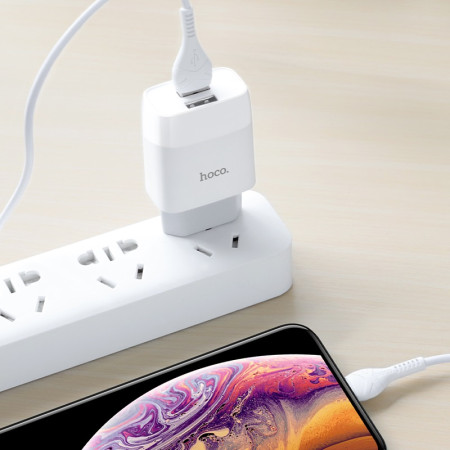 Сетевое зарядное устройство Hoco C73A Glorius (2USB,2.4A) с кабелем Lightning White