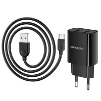 Мережеве зарядний пристрій Borofone BA53A Powerway (2USB/2.1A) з кабелем Type-C (Чорний \ Black)