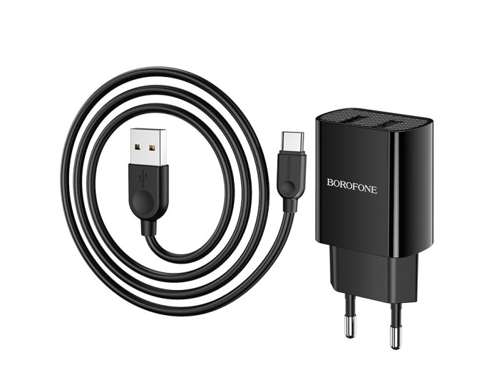 Мережеве зарядний пристрій Borofone BA53A Powerway (2USB/2.1A) з кабелем Type-C (Чорний  Black)
