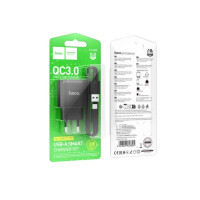 Сетевое зарядное устройство Hoco C140A Smart single port 1USB (18W/QC3.0) с кабелем Type-C  Black