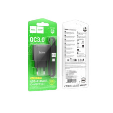 Сетевое зарядное устройство Hoco C140A Smart single port 1USB (18W/QC3.0) с кабелем Type-C  Black