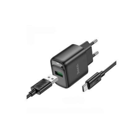 Сетевое зарядное устройство Hoco C140A Smart single port 1USB (18W/QC3.0) с кабелем Type-C  Black