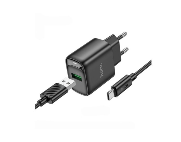 Мережеве зарядний пристрій Hoco C140A Smart single port 1USB (18W/QC3.0) з кабелем Type-C Black