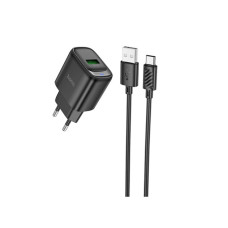 Мережеве зарядний пристрій Hoco C140A Smart single port 1USB (18W/QC3.0) з кабелем Type-C Black