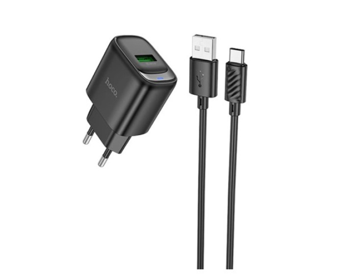Мережеве зарядний пристрій Hoco C140A Smart single port 1USB (18W/QC3.0) з кабелем Type-C Black
