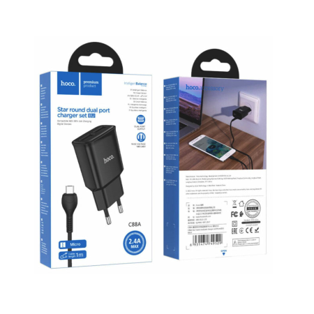 Сетевое зарядное устройство Hoco C88A (2USB / 2.4A) с кабелем MicroUSB Черный