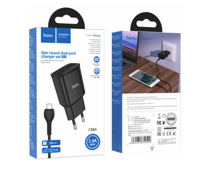 Мережеве зарядний пристрій Hoco C88A (2USB / 2.4A) з кабелем MicroUSB чорний