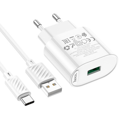 Мережеве зарядний пристрій Hoco C109A Fighter 1USB (18W/QC3.0) з кабелем Type-C Білий