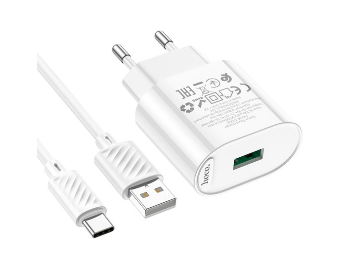 Мережеве зарядний пристрій Hoco C109A Fighter 1USB (18W/QC3.0) з кабелем Type-C Білий
