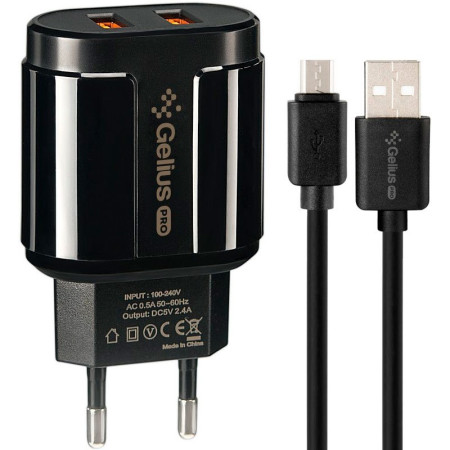 Сетевое зарядное устройство Gelius Pro Avangard (GP-HC06) с кабелем MicroUSB (2USB, 2.4A) (Черный \ Black)