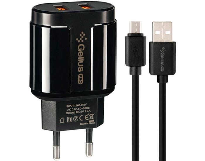 Мережеве зарядний пристрій Gelius Pro Avangard (GP-HC06) з кабелем MicroUSB (2USB, 2.4A) (Чорний  Black)