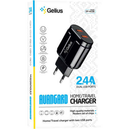 Сетевое зарядное устройство Gelius Pro Avangard (GP-HC06) с кабелем MicroUSB (2USB, 2.4A) (Черный \ Black)