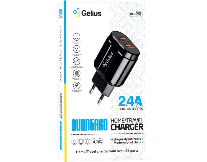 Мережеве зарядний пристрій Gelius Pro Avangard (GP-HC06) з кабелем MicroUSB (2USB, 2.4A) (Чорний  Black)