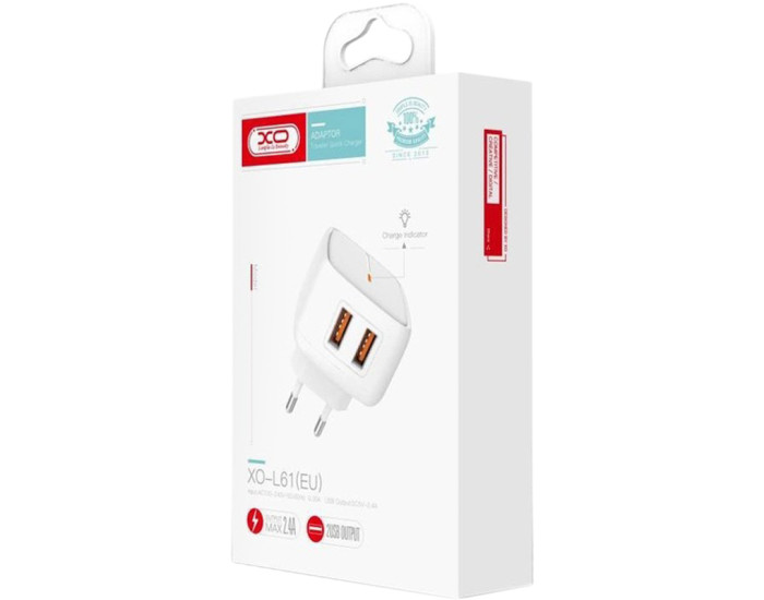 Мережеве зарядний пристрій XO L61 (2USB/12W) White