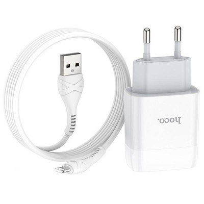 Мережеве зарядний пристрій Hoco C72A 1USB QC 3.0 з кабелем Lightning (2.1A) (Білий / White)
