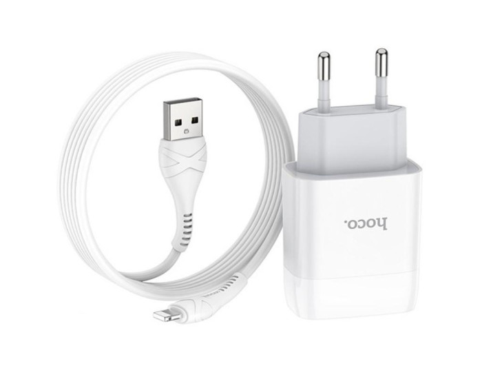 Мережеве зарядний пристрій Hoco C72A 1USB QC 3.0 з кабелем Lightning (2.1A) (Білий / White)