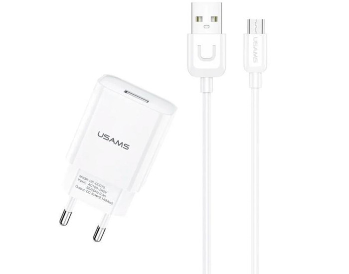 Сетевое зарядное устройство Usams T21 (1USB) + USB Cable Micro (2.1A) (Белый / White)