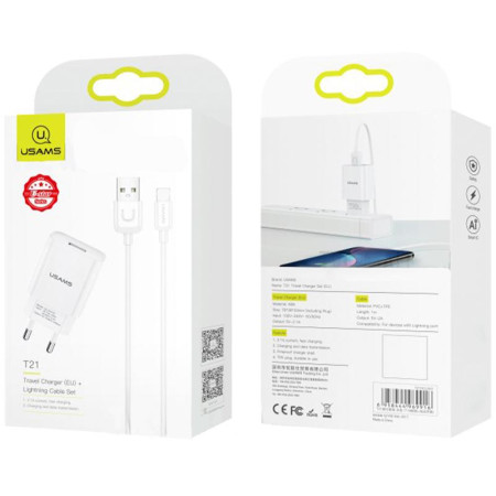 Сетевое зарядное устройство Usams T21 (1USB) + USB Cable Micro (2.1A) (Белый / White)