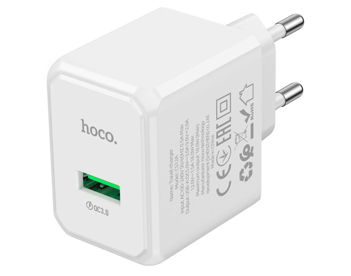 Мережеве зарядний пристрій Hoco CS12A Ocean Single Port QC3.0 Charger Set (1USB-A/18W) White