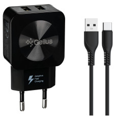 Сетевое зарядное устройство Gelius Ultra Prime (GU-HC02) с кабелем Type-C (2USB, 2.1A) Черный