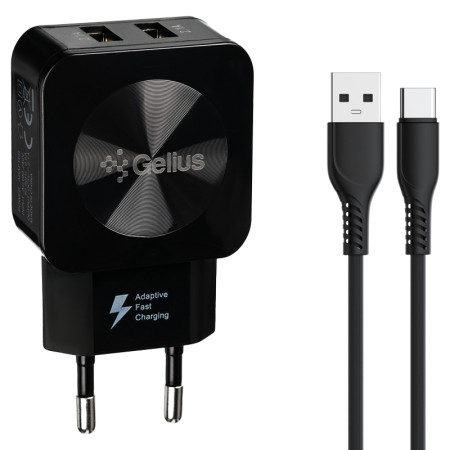 Сетевое зарядное устройство Gelius Ultra Prime (GU-HC02) с кабелем Type-C (2USB, 2.1A) Черный