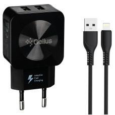 Сетевое зарядное устройство Gelius Ultra Prime (GU-HC02) с кабелем lightning (2USB, 2.1A) Черный