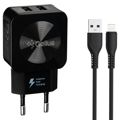 Мережеве зарядний пристрій Gelius Ultra Prime (GU-HC02) з кабелем lightning (2USB, 2.1A) чорний