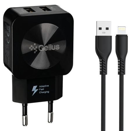 Сетевое зарядное устройство Gelius Ultra Prime (GU-HC02) с кабелем lightning (2USB, 2.1A) Черный