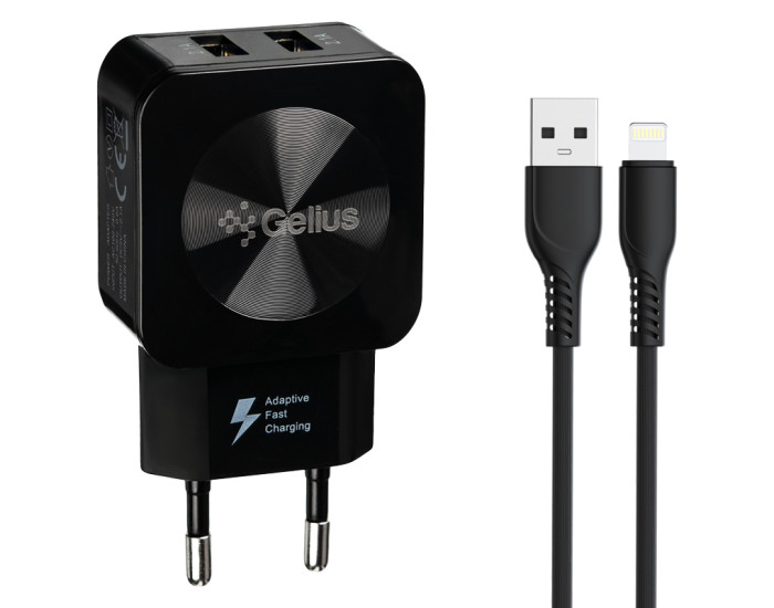 Мережеве зарядний пристрій Gelius Ultra Prime (GU-HC02) з кабелем lightning (2USB, 2.1A) чорний