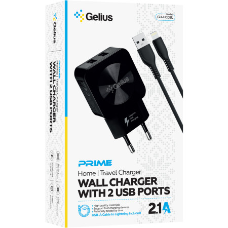 Сетевое зарядное устройство Gelius Ultra Prime (GU-HC02) с кабелем lightning (2USB, 2.1A) Черный
