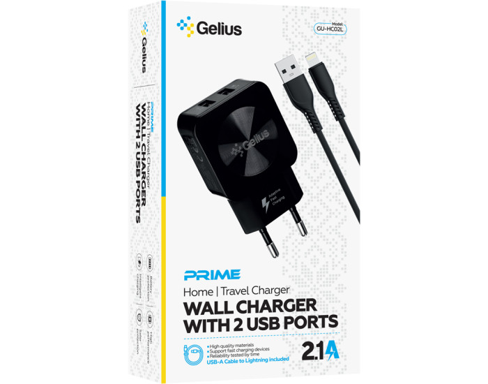 Мережеве зарядний пристрій Gelius Ultra Prime (GU-HC02) з кабелем lightning (2USB, 2.1A) чорний