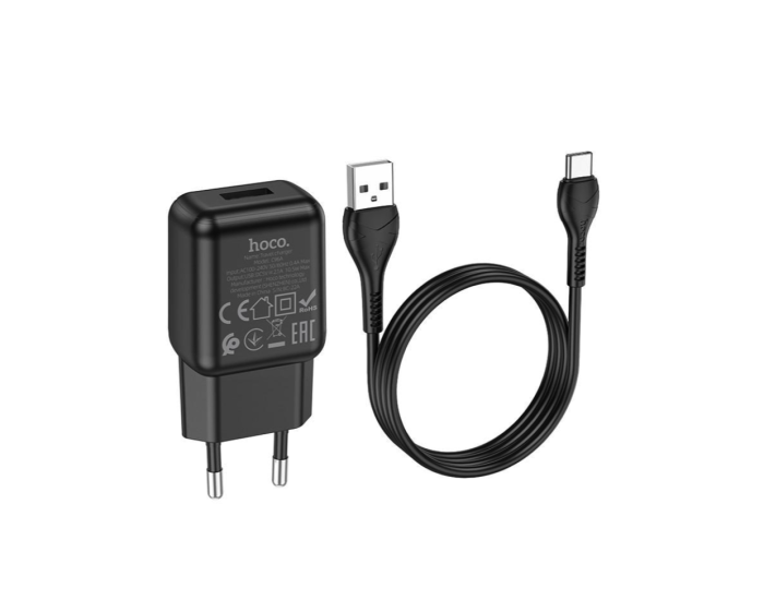Мережеве зарядний пристрій Hoco C96A (1USB/2,1A) з кабелем Type-C чорний