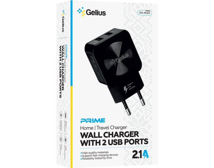 Мережеве зарядний пристрій Gelius Ultra Prime (GU-HC02 2USB) 2.1A Black