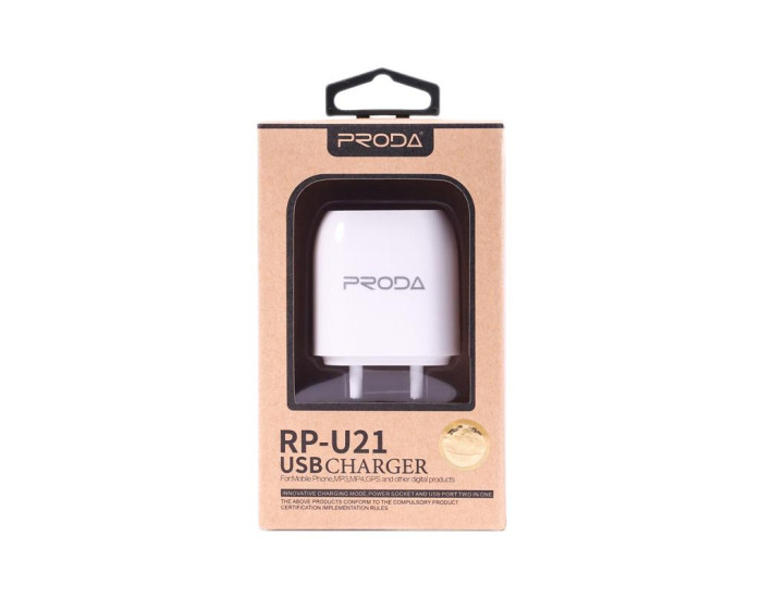 Сетевое зарядное устройство Proda 2USB 2.1A (RP-U21) (Белый / White)