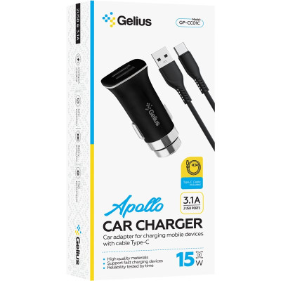 Автомобильное зарядное устройство Gelius Pro Apollo GP-CC01 2USB 3.1A 15W + Cable Type-C Black