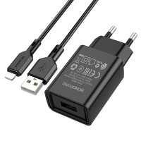 Сетевое зарядное устройство Borofone BA68A Glacier (1USB/2.1A) с кабелем Lightning Черный