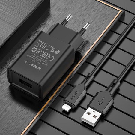 Сетевое зарядное устройство Borofone BA68A Glacier (1USB/2.1A) с кабелем Lightning Черный