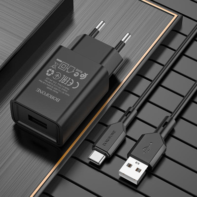 Сетевое зарядное устройство Borofone BA68A Glacier (1USB/2.1A) с кабелем Type-C Черный