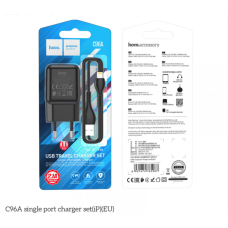 Мережеве зарядний пристрій Hoco C96A (1USB/2,1A) з кабелем Lightning чорний