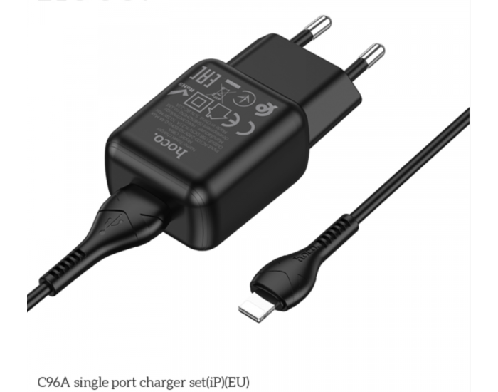 Мережеве зарядний пристрій Hoco C96A (1USB/2,1A) з кабелем Lightning чорний