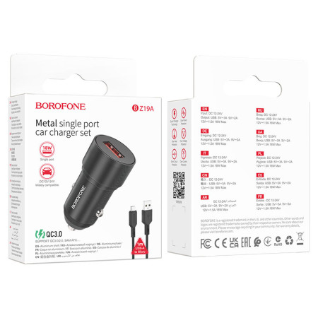 Автомобильное зарядное устройство Borofone (BZ19A) Wisdom QC3.0 с кабелем Type-C Black