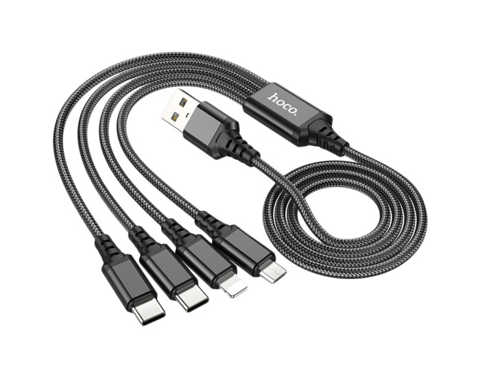Кабель USB Hoco X76 4in1 Super Charging Cable (Type-C+Type-C+iPhone+Micro) 1m (черный  Black)